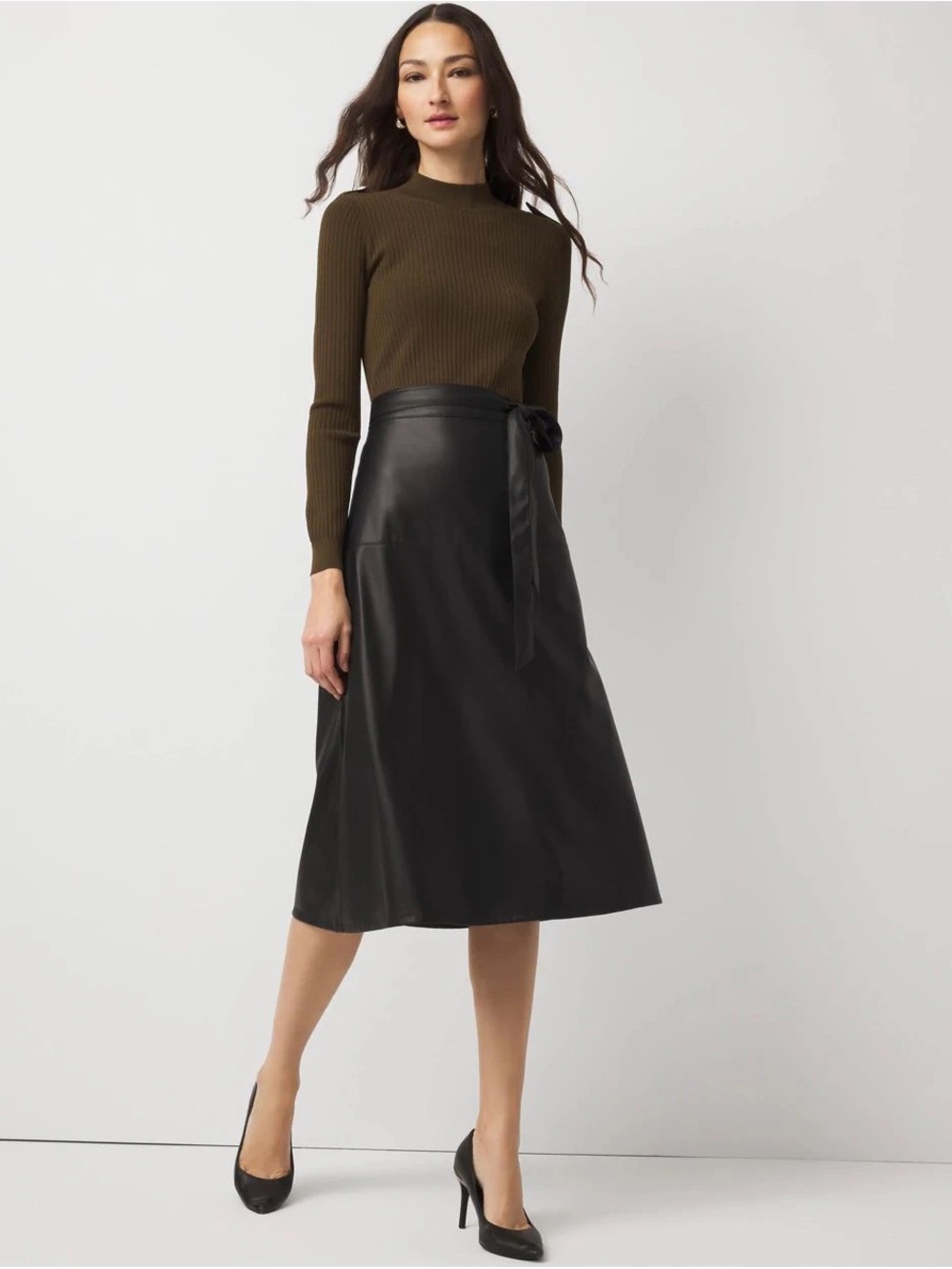 NWT White House Black Market Black Long Faux-Leather Belted Dress
